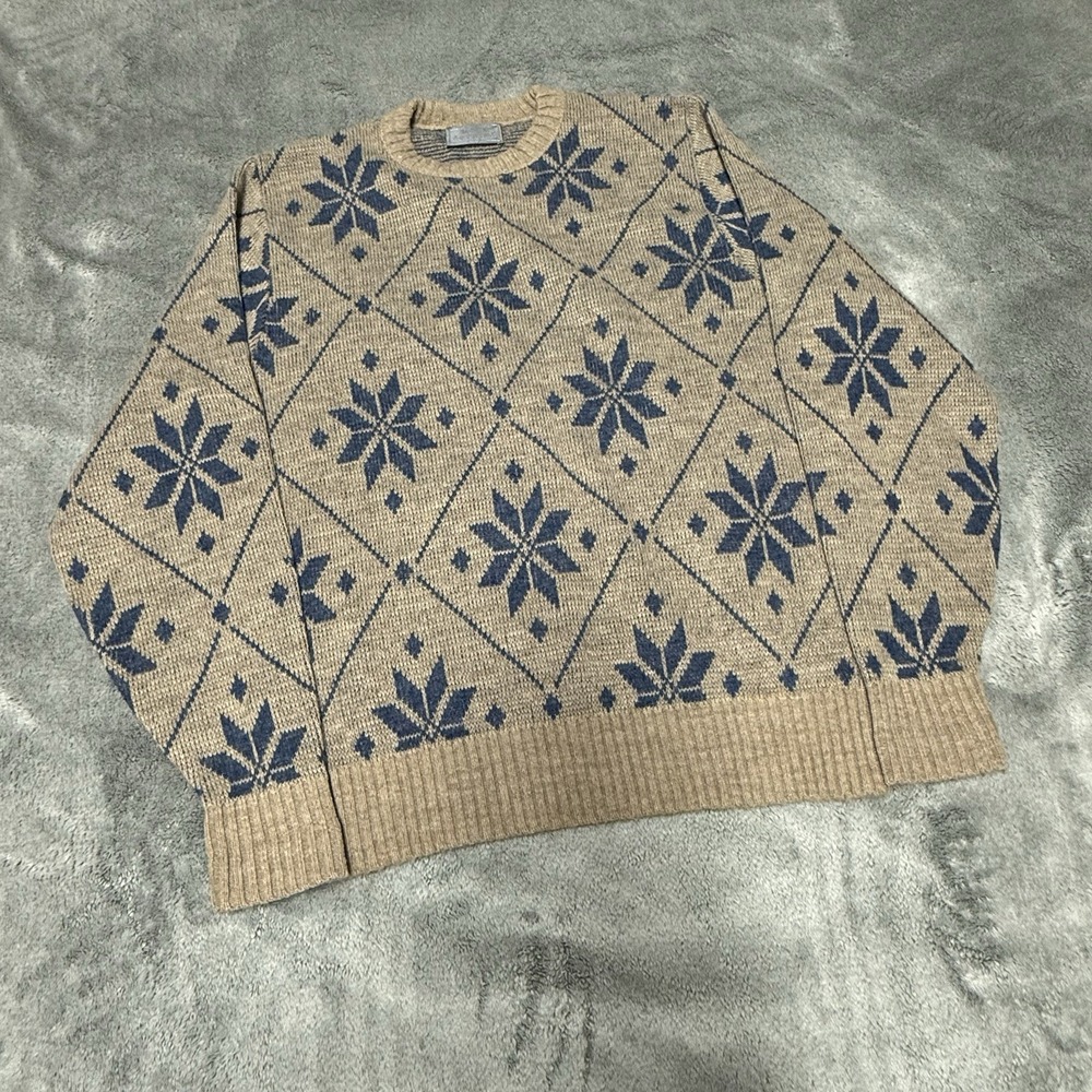 Vintage 90s Sweater Mens Medium Le Tigre Snowflake Knit Dad Grandpa Sweater USA